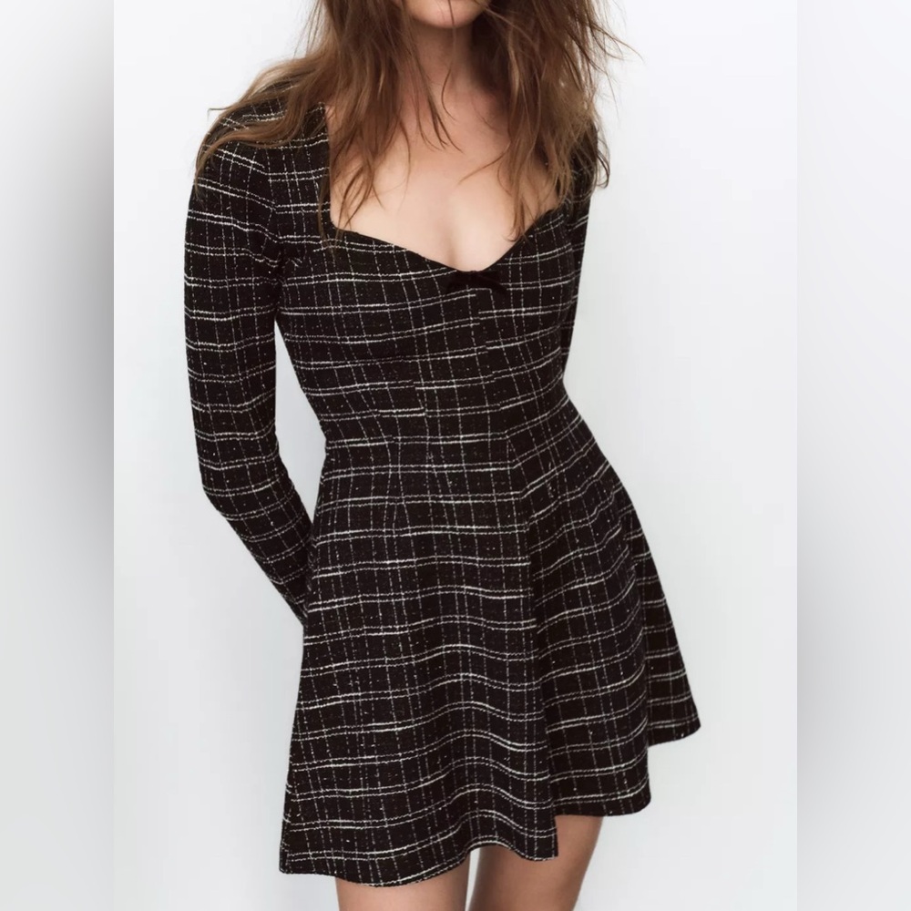 Zara Monochrome Checkered Long Sleeve Dress